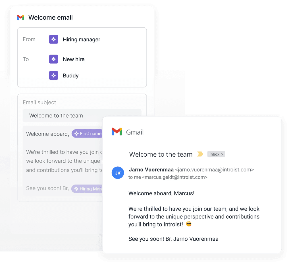 An automated welcome email sent from a hiring manager to a new hire and their buddy